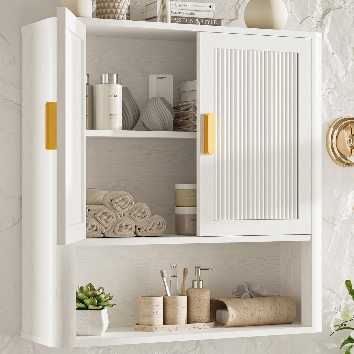Wall-Mounted Bathroom Cabinet with Adjustable Wood Shelf & Doors E501