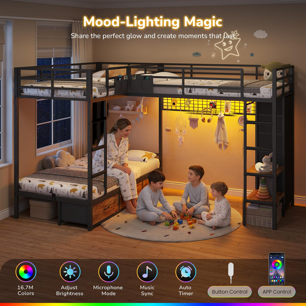 Black Twin Over Twin Triple Bunk Bed with 9 Storage Drawers and LED Lights C9382