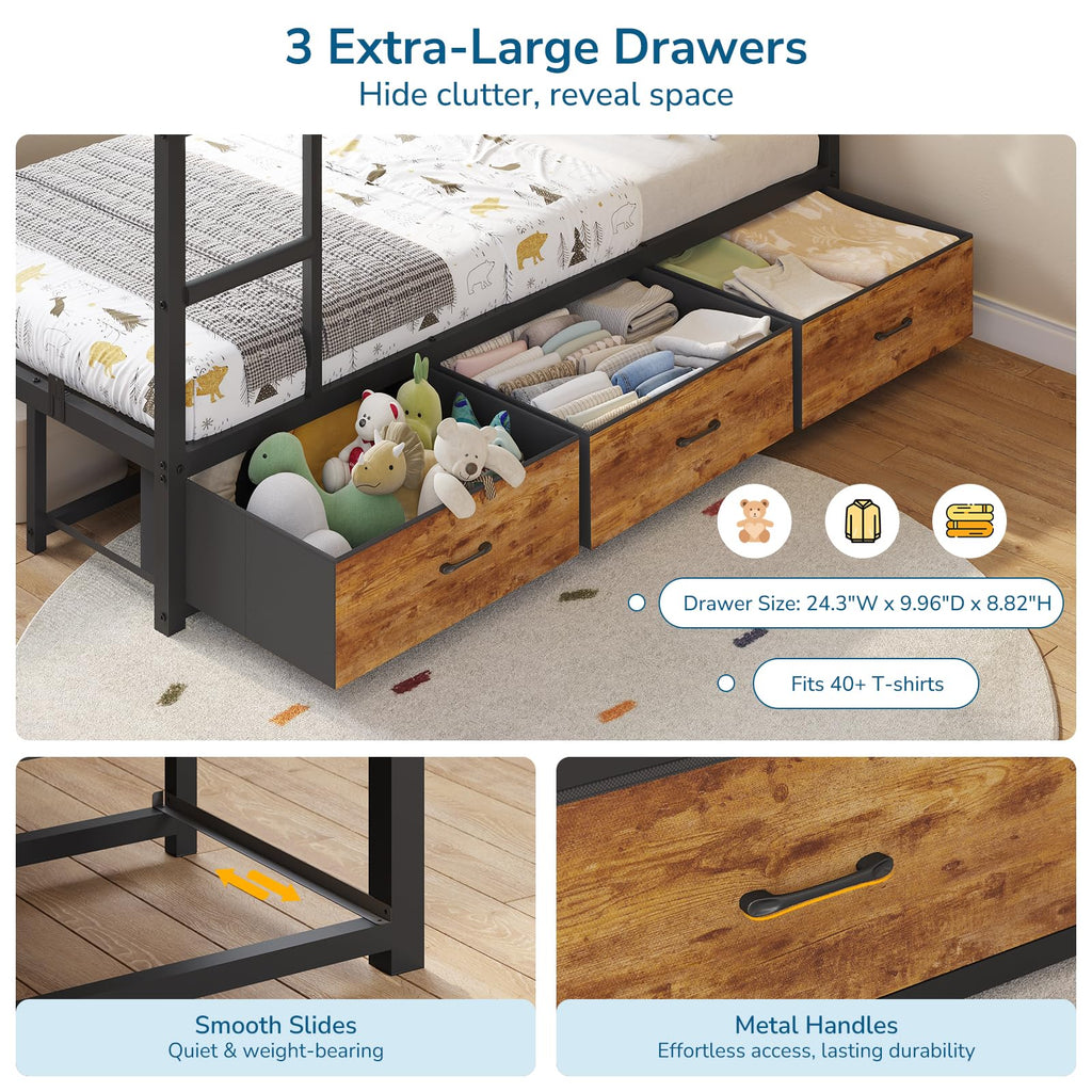 Black Twin Over Twin Triple Bunk Bed with 9 Storage Drawers and LED Lights C9382