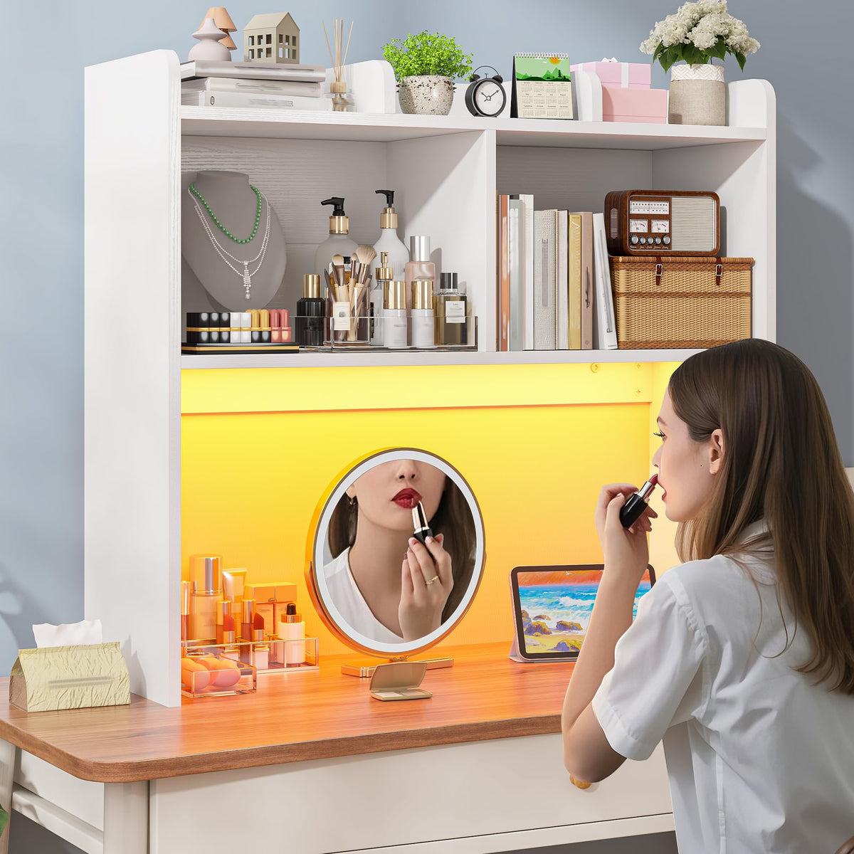 White 3-Tier Desk Hutch with LED Light L54018