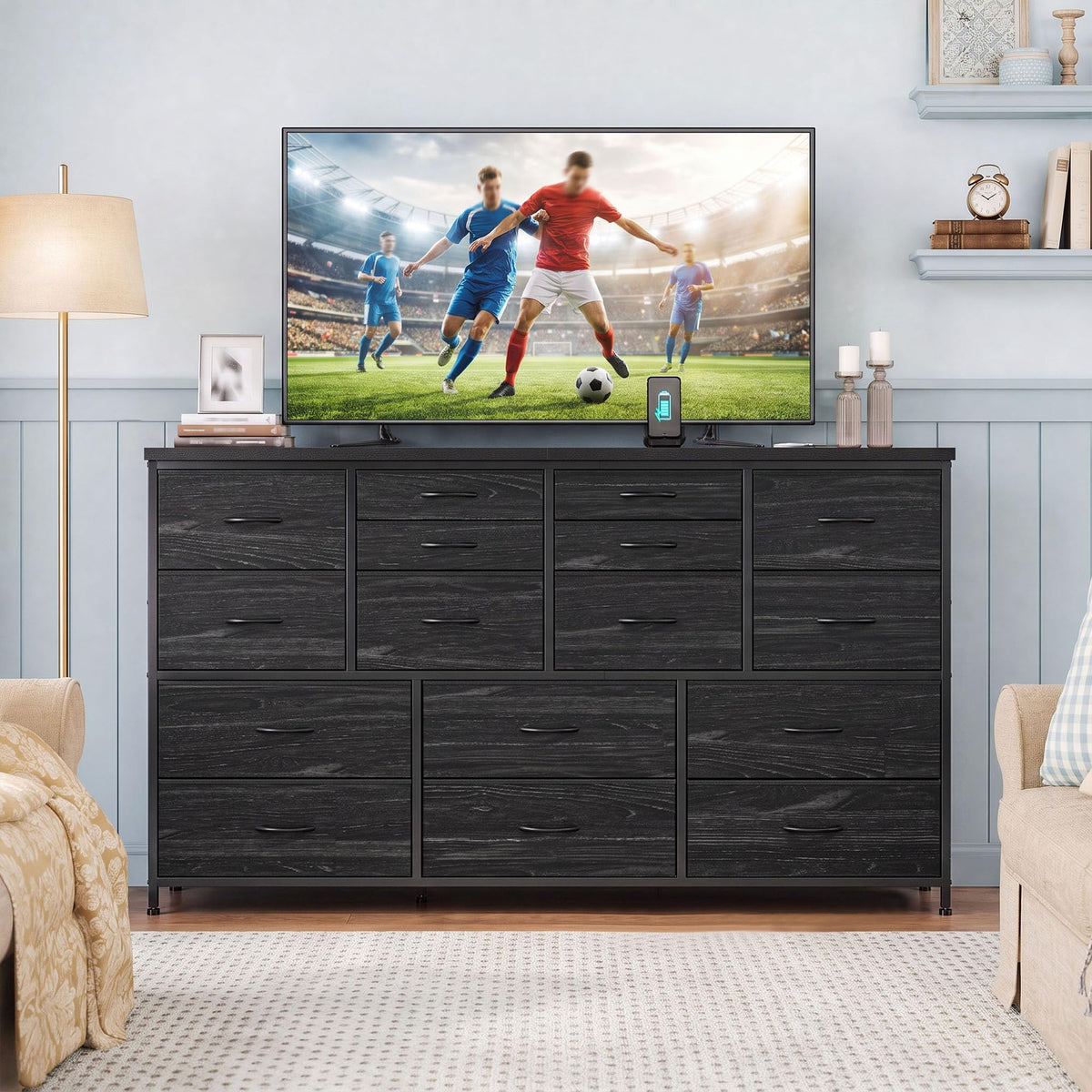 Black 16 Fabric Drawer Dresser with TV Stand M254