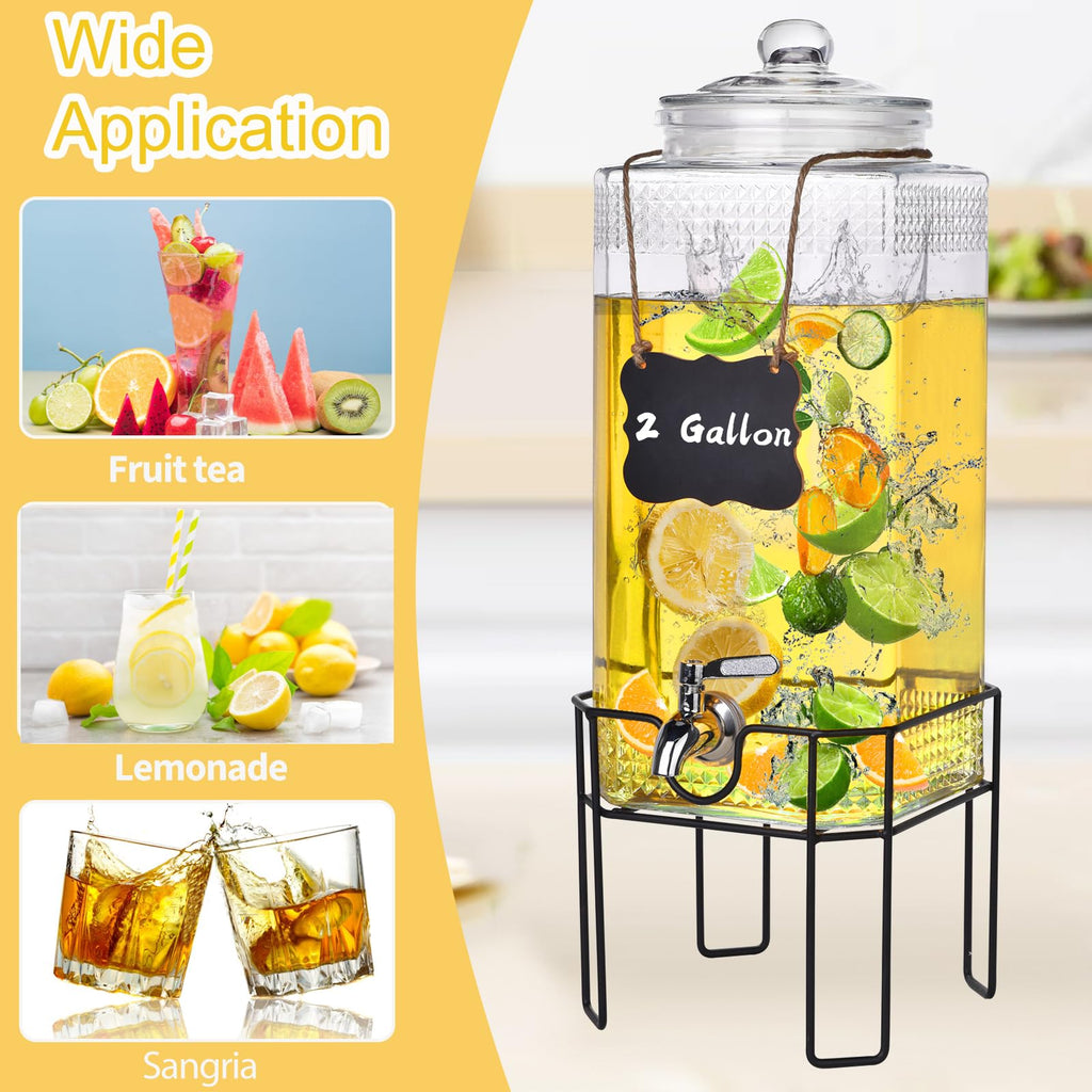 2 Gallon Glass Drink Dispenser with Stand and Glass Lid S9765
