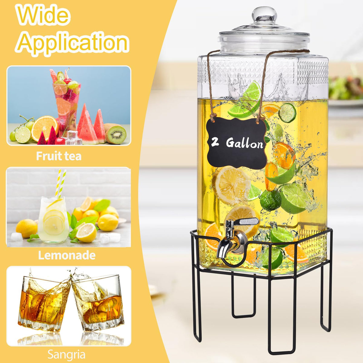 2 Gallon Glass Drink Dispenser with Stand and Glass Lid S9765