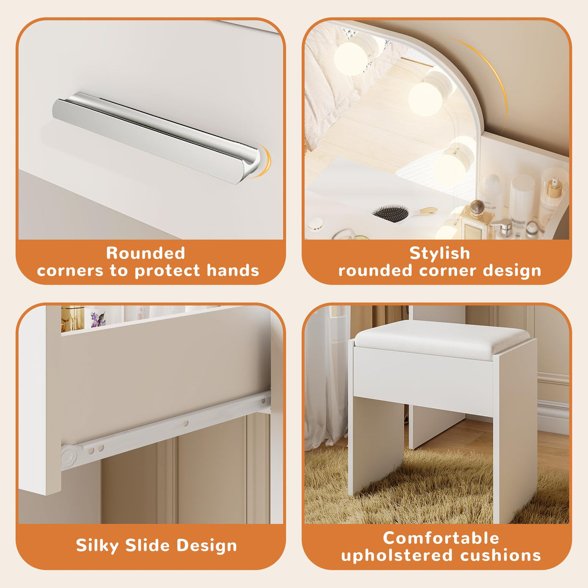 White Small Vanity Set with Chair, Mirror & Lights M76110