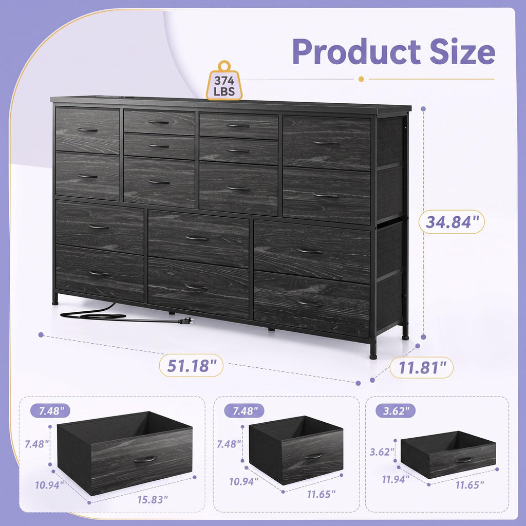 Black 16 Fabric Drawer Dresser with TV Stand M254