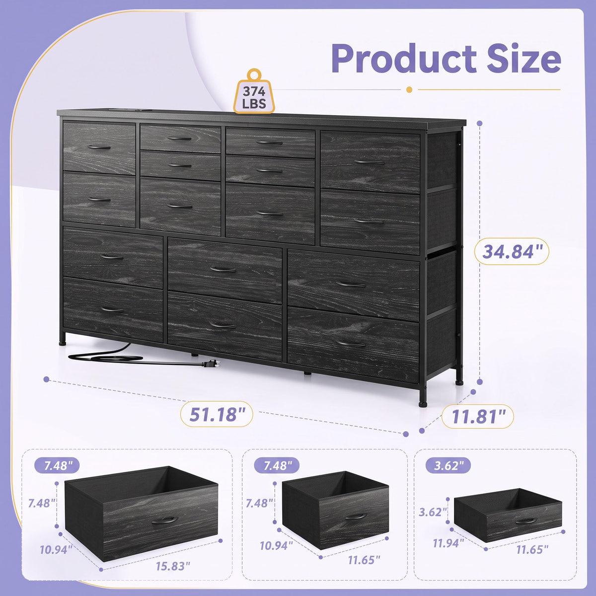 Black 16 Fabric Drawer Dresser with TV Stand M254