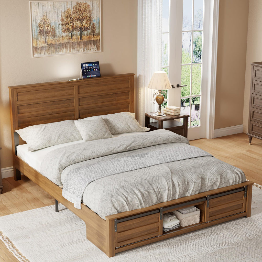 Queen Size Wooden Bed Frame with Headboard and Storage Footboard B543508
