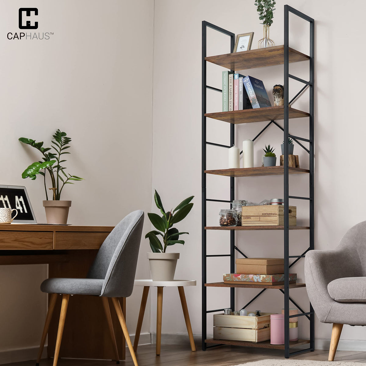 6 Tier 24 Inch Rustic Oak Bookshelf H527782