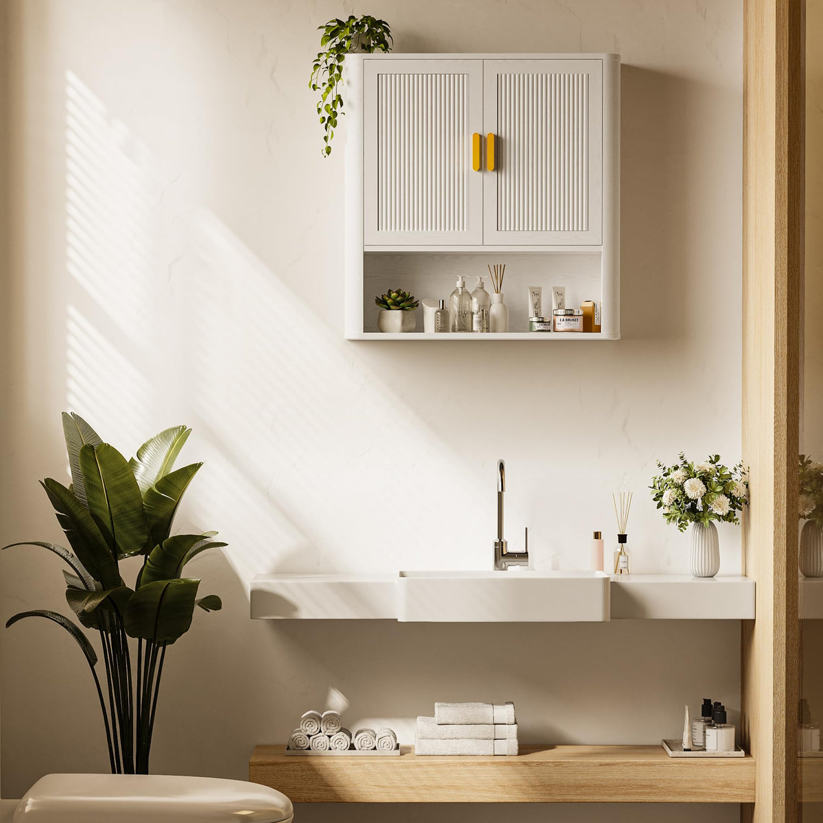 Wall-Mounted Bathroom Cabinet with Adjustable Wood Shelf & Doors E501
