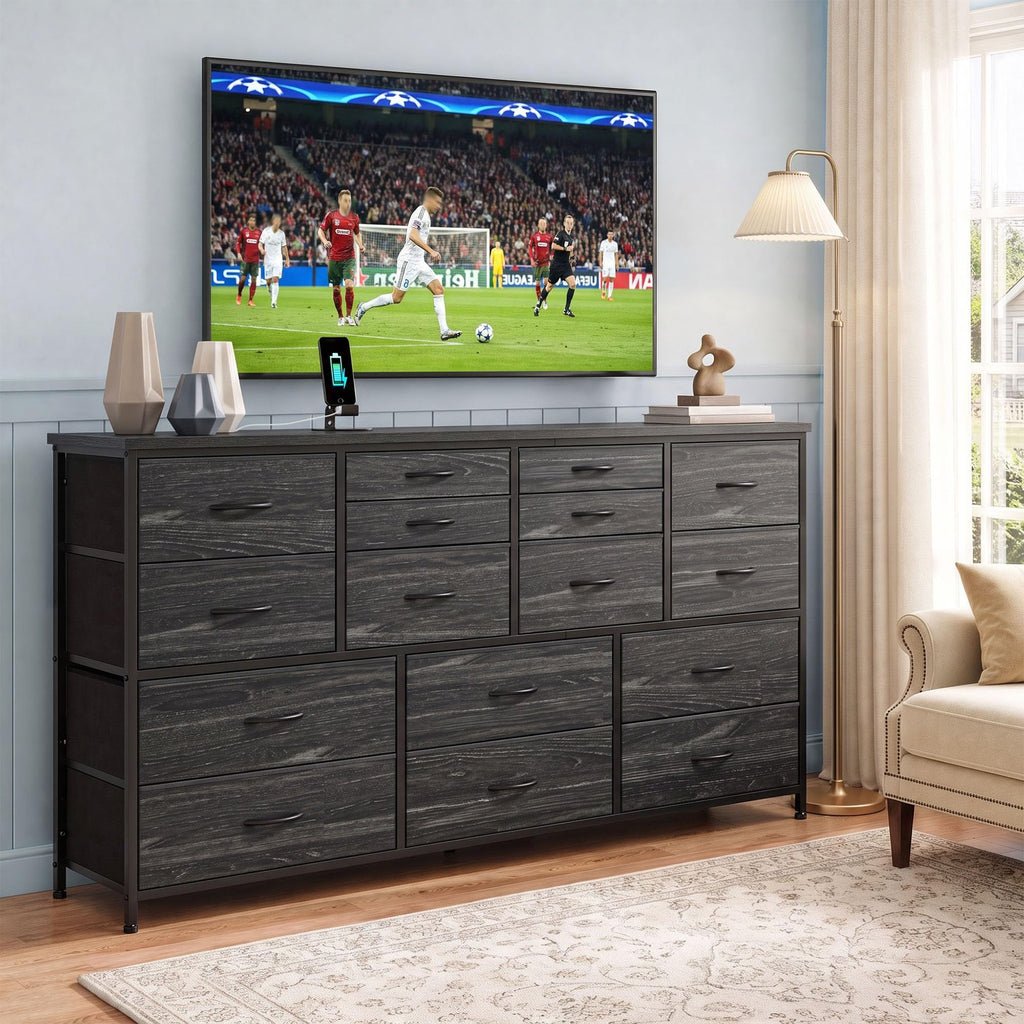 Black 16 Fabric Drawer Dresser with TV Stand M254