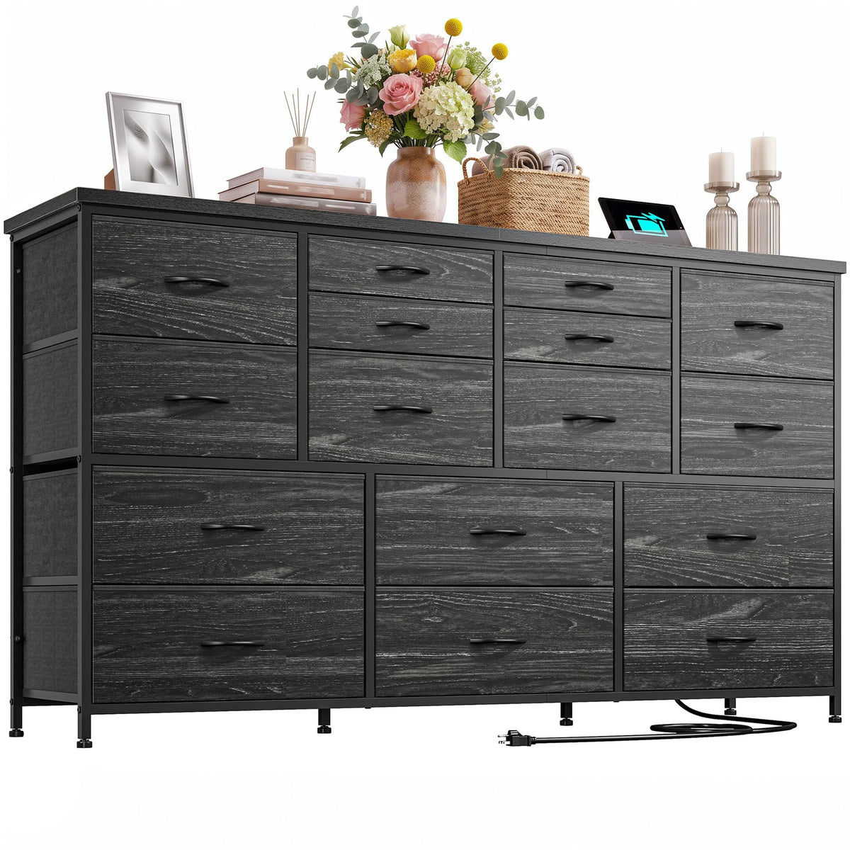Black 16 Fabric Drawer Dresser with TV Stand M254