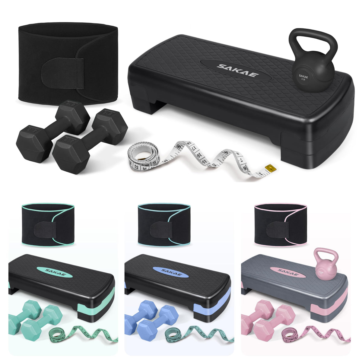 Adjustable Aerobic Stepper Kit with Dumbbells & Kettlebell & Weightlifting Belt & Measuring Tape M38393