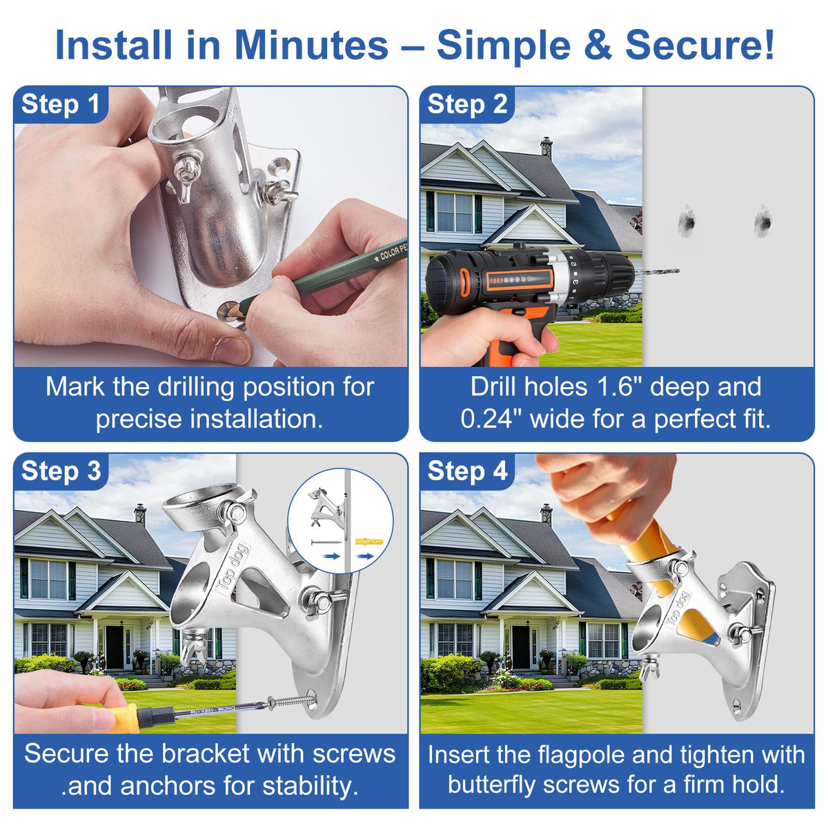 304 Stainless Steel Adjustable Wall Mount Flag Pole Holder Bracket E75310