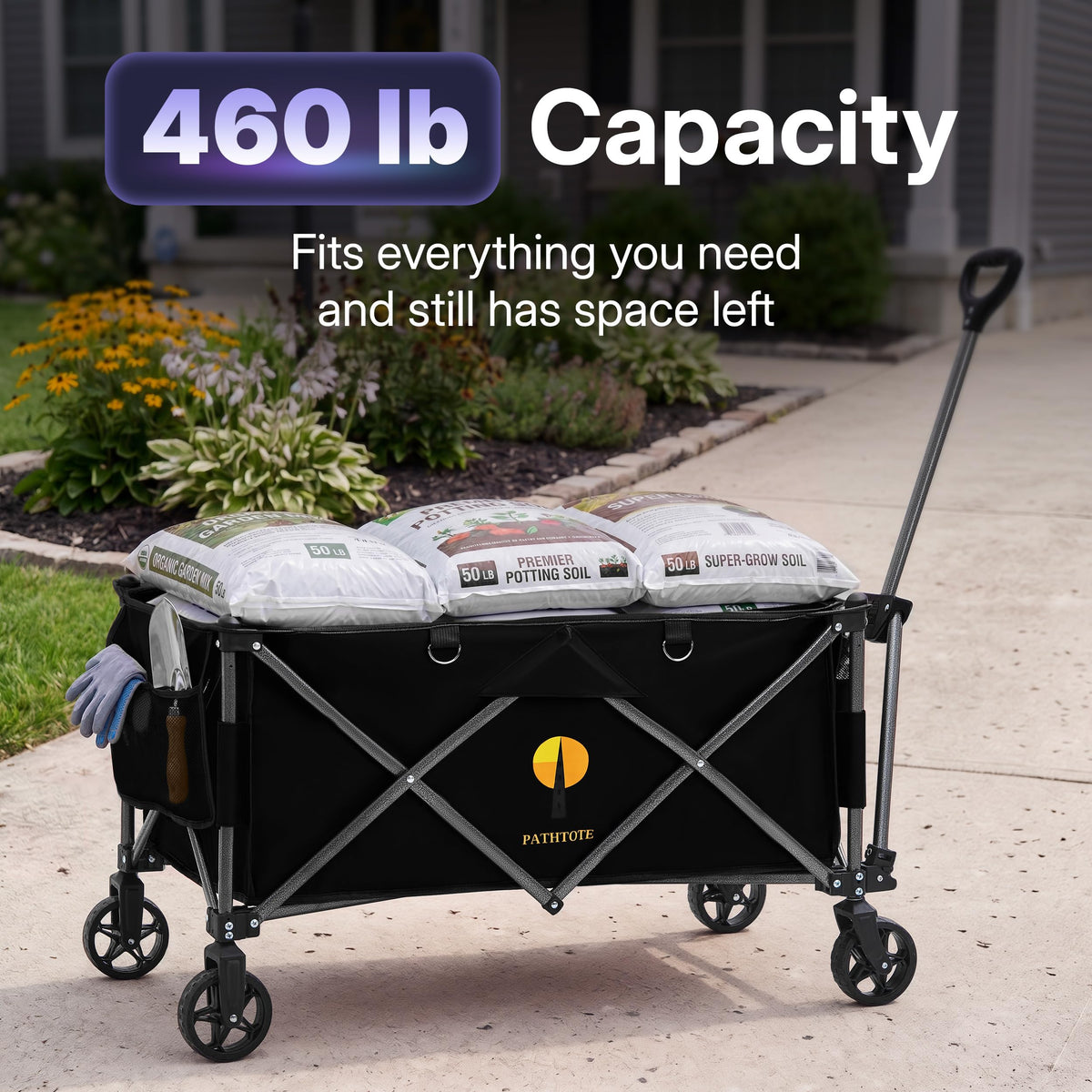 39" Collapsible Wagon with All-Terrain Wheels, 460 lbs Foldable Cart, Black R559