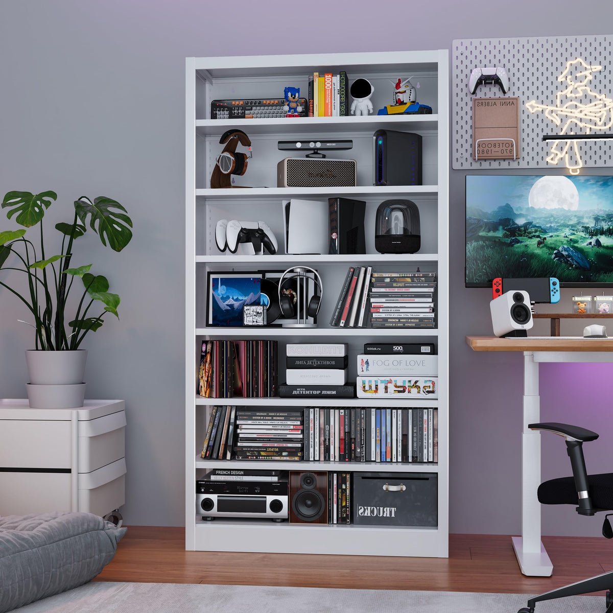 White 7-Tier Metal DVD Storage Cabinet with Adjustable Shelves P389