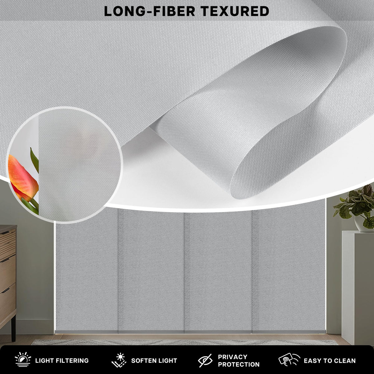 Adjustable Light Filtering Grey Panel Track Blinds X51854